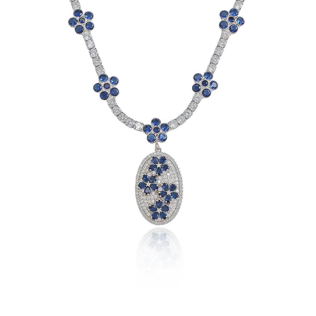 European & American Style Women's Zircon Necklace & Flower Pendant Clavicle Chain Earring Set