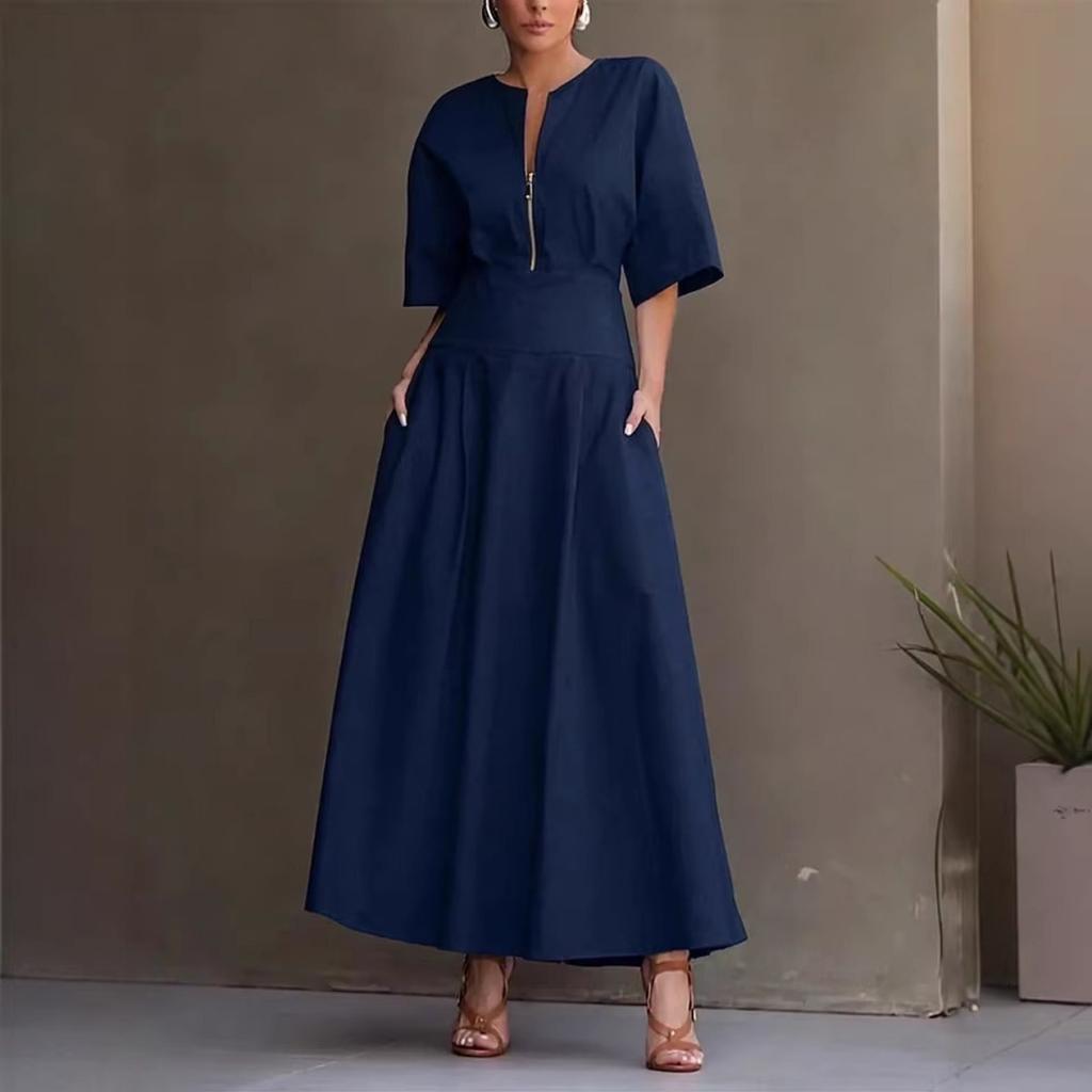 Women's Solid Color Short Sleeve Maxi Swing Dress Casual Fashion Summer Dress for Women