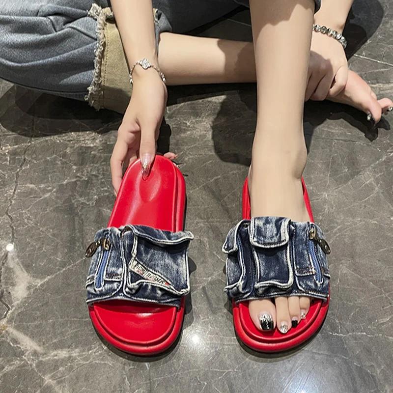 Fashion Cowboy Flats Platform Slippers Women Beach Shoes Summer Sandals Walking Flip Flops 2024 Designer New Casual Femme Zapatos Slides