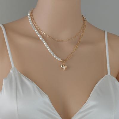 Gold Love Chain Pearl Splicing Double Stacked Necklace Ins Cold Wind Collarbone Chain Necklace