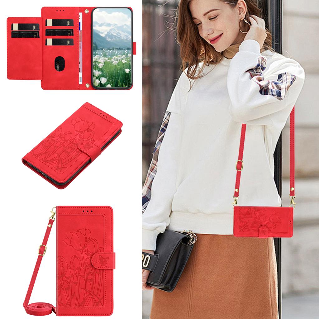 Crossbody Tulip Cards Solt Wallet Flip Leather Phone Case for iPhone 17 Pro Max 16 Plus 15 14 13 12 Long Lanyard kickstand Cover