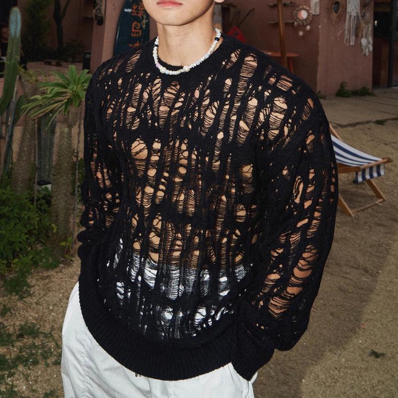 Men's Wabi-Sabi Hollow Knit Tassel Cardigan - Sexy See-through, Loose Long Sleeve Mesh Hoodie
