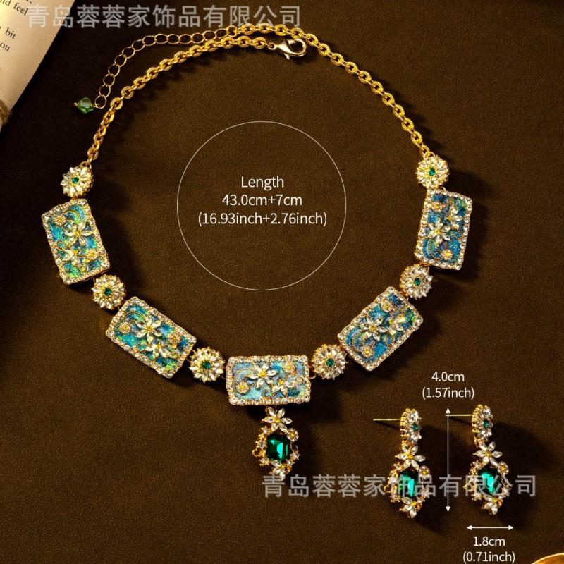Socialite Temperament Grandmother Green Water Necklace Earring Set Light Luxury Fashion High-end Elegant Accessories Cross-border