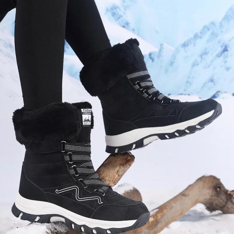 Plush Mid-top Winter Boots Women Warm Cotton Shoes Anti-slip Rubber Sole Outdoor Sneakers Plush Waterproof Ladies Hiking Footwear