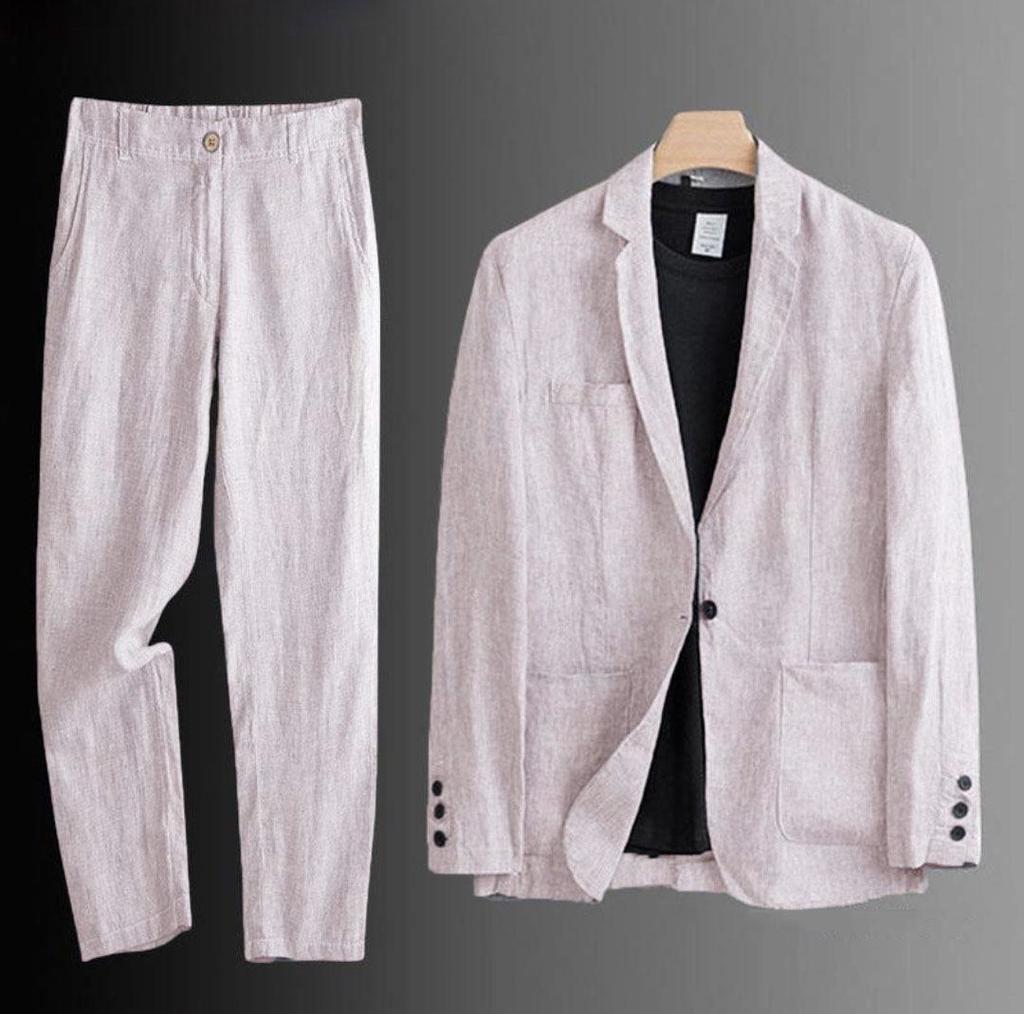 Herren Slim Fit Koreanischer Stil Leinen Sommer Anzug - Lässiges Zweiteiliges Set mit Lockerer Jacke und Sonnenschutz
