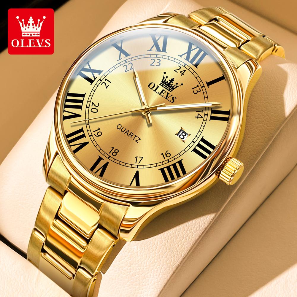 OLEVS Men's Watches Trend Fashion Gold Fine Steel Original Brand Quartz Wristwatch for Man Waterproof Luminous Date Roman Dial
