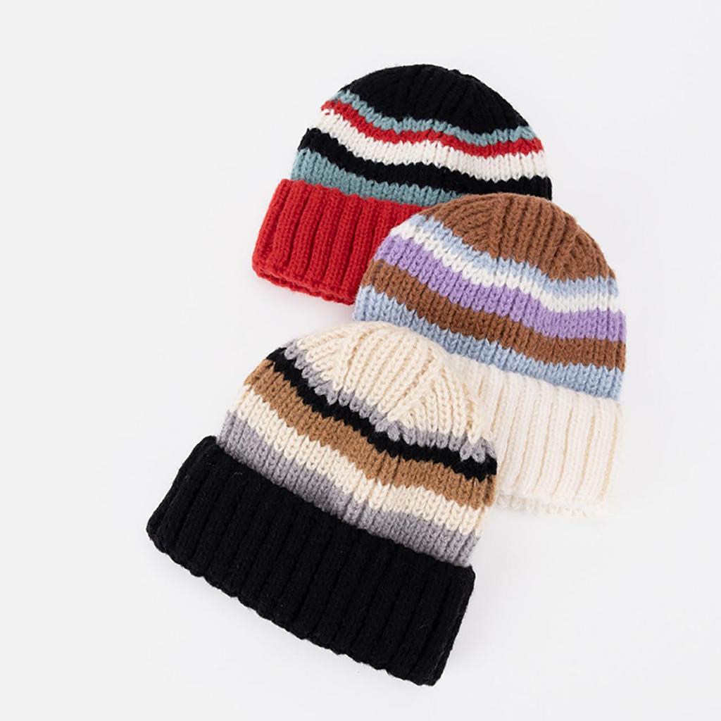 Fashion Color Blocked Knitted Wool Beanies for Women Stripe Ear Protection Skullcaps Autumn Winter Cold-proof Pullover H