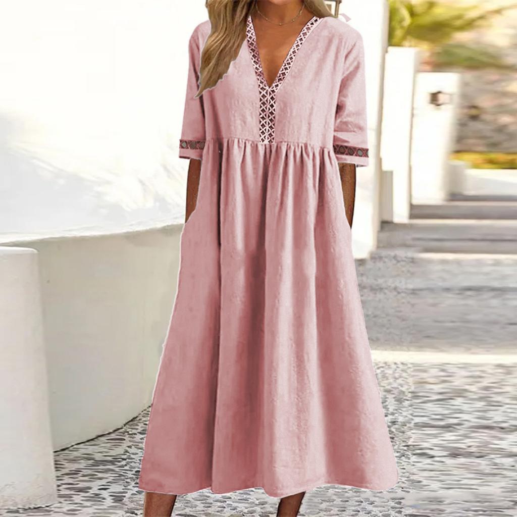 Frühlings- und Sommer-Damen-Farb-Kurzarm-Spitzen-V-Ausschnitt-Taillen-Hochkleid