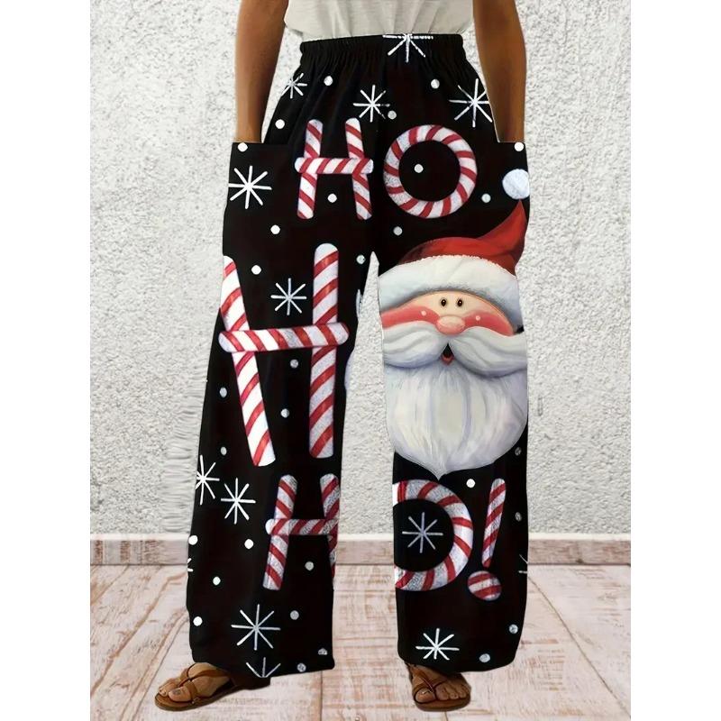 Plus Size Fashion Women 1XL-5XL Casual Loose Christmas Printing Long Wide Leg Yoga Pants Pocket Lounge Pants Pajama Pants