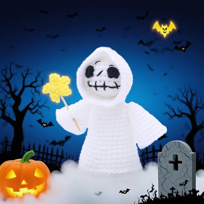 Handmade Halloween Skeleton Crochet with Positive Card Home Halloween Decoration Funny Knitted Death Skull Doll Ornament Decor