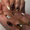 24PCS Spice Girls False Nails Retro Brown French with Simple Star Press On Nails Golden Patterns Wearable Almond Fake Nails Tips