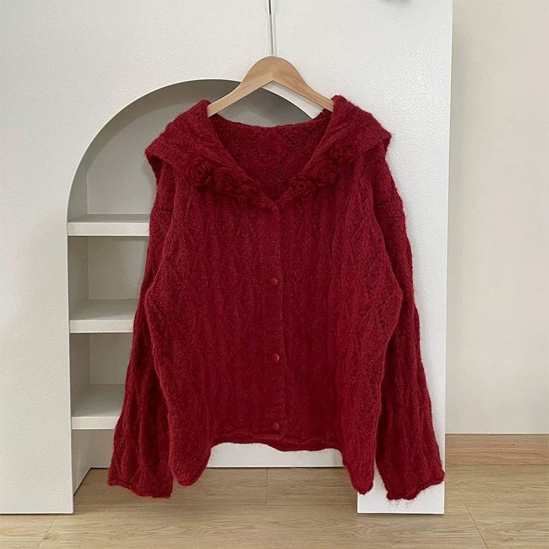 Gentle Wind Hollow Three-dimensional Flower Knitted Cardigan Sweater Women's Loose Lazy Chic Good-looking Navy Collar Jacket