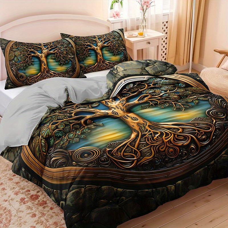 3-teiliges Baum des Lebens Bohemian Bettwäsche Bettbezug-Set Goldener Baum Bettwäsche Quilt-Set Bohemianisches Themenbett Quilt-Set Luxus Schlafzimmer
