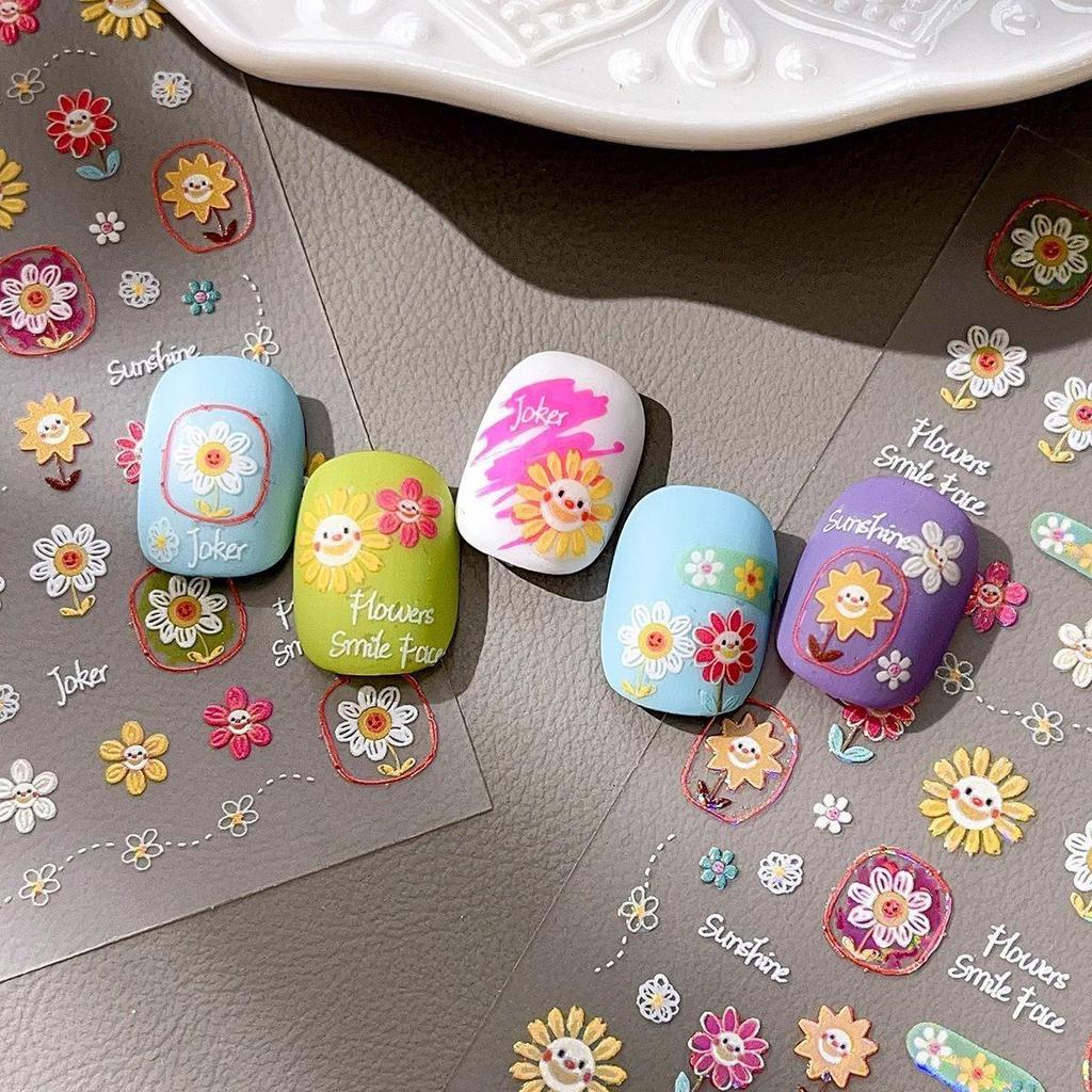 Childlike Sunflower 5D Embossed Nail Art Stickers - Retro Floral Design