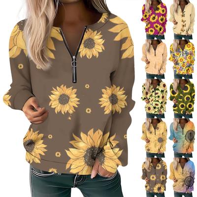 Damen Casual Langarm Basic Viertel Reißverschluss Print Blumen Pullover Sweatshirts Casual Top Herbst Kleidung