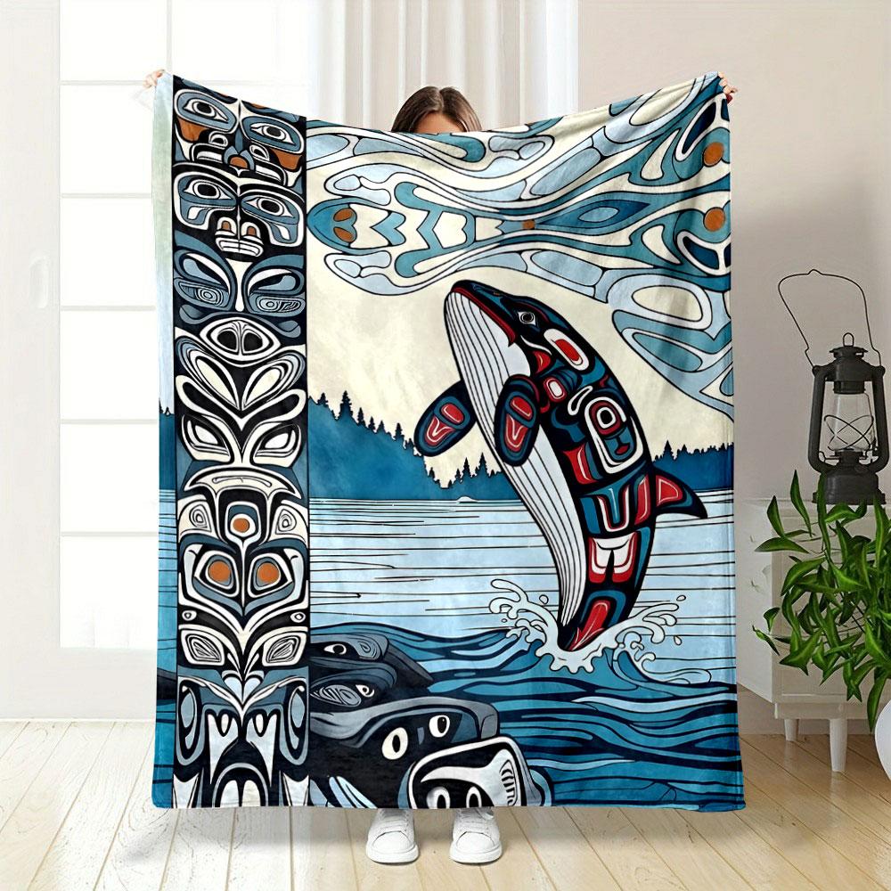 Tribal Art Orca Whale Design Patterned blanket, flannel, suitable for all seasons, home decor, warm and cozy
