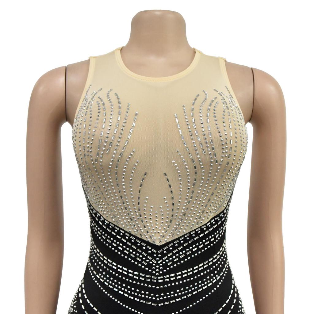 European and American Fashion Women's Sleeveless Rhinestone Round Neck Long Dress