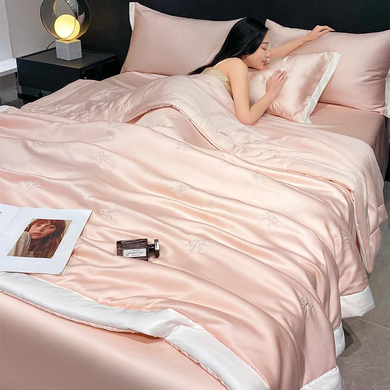 Embroidered Ice Silk Summer Quilt Set: 4-Piece, Machine Washable, Thin & Cool