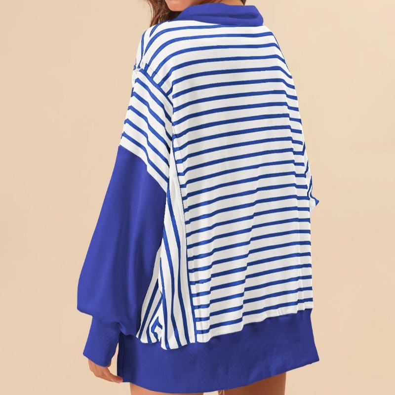 JPNTKY Dámská móda Ležérní Podzim Zima Pruhovaný potisk Dlouhý rukáv POLO Límec Trička a Topy s dlouhým rukávem