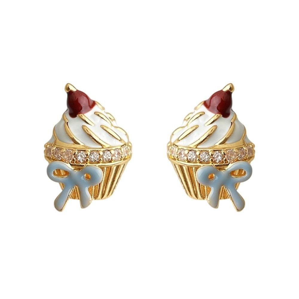 Enamel Birthday Cake Stud Earrings Childishness Zircon Mousse Cake Earrings Korean Style Y2K Ice Cream Ear Studs Gift