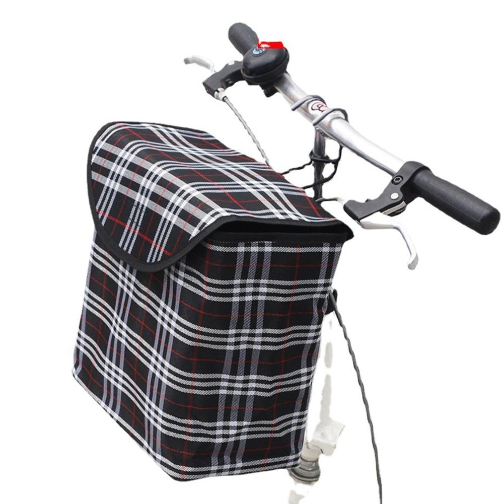 Plaid Bicycle Basket Waterproof Thickened Folding Canvas Front Basket With Cover 28cmx26cmx16cm