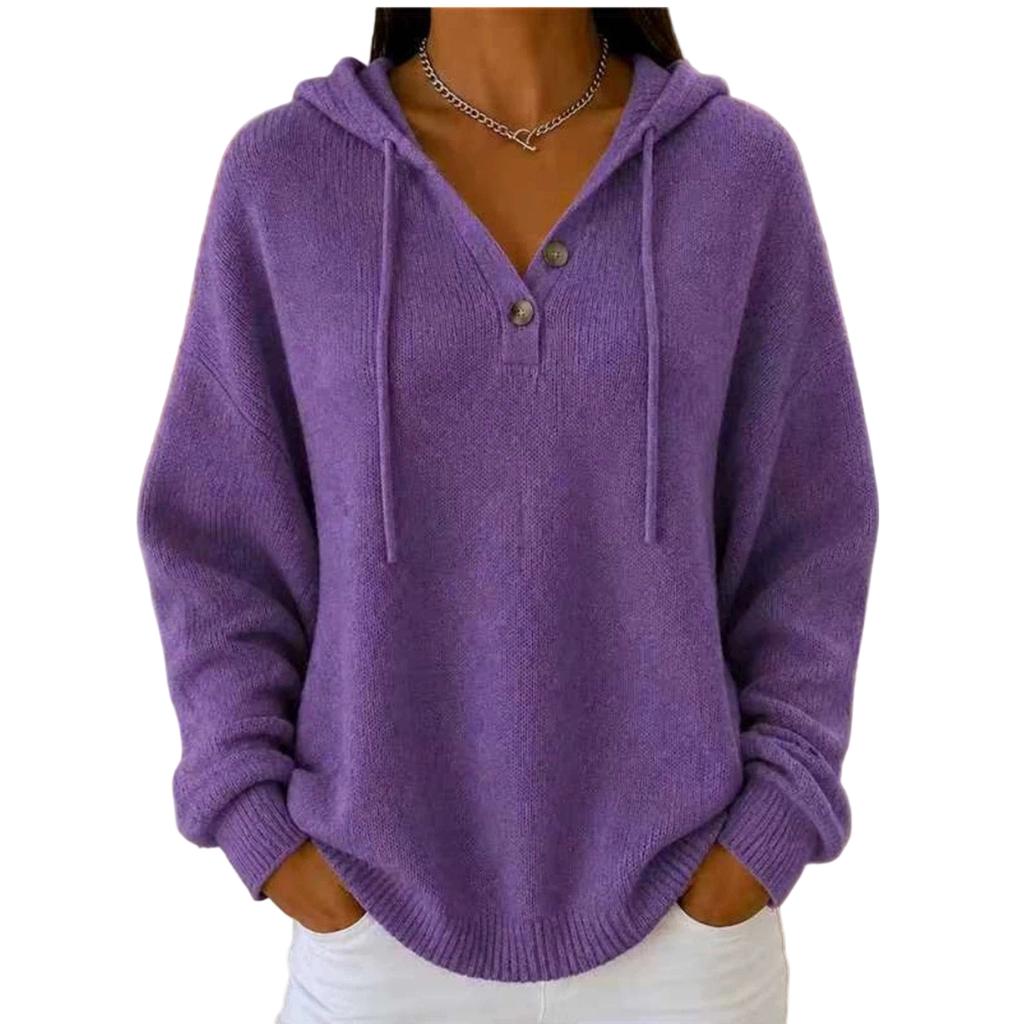 Women's Relaxed Hooded Knit Sweater with Two Buttons, Color Long Sleeve Pullover for Fall Winter