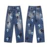 Unisex Cro Cross Leather Tag Washed Denim Jeans - Couples Street Style Loose Fit Long Pants