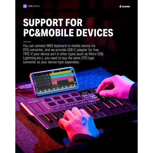 Donner DMK-25 PRO USB MIDI Keyboard Controller, 25 Keys, Velocity Sensitive, Touch Sliders, OLED Screen, Backlit Pads, Music Production, Mac/PC Compat
