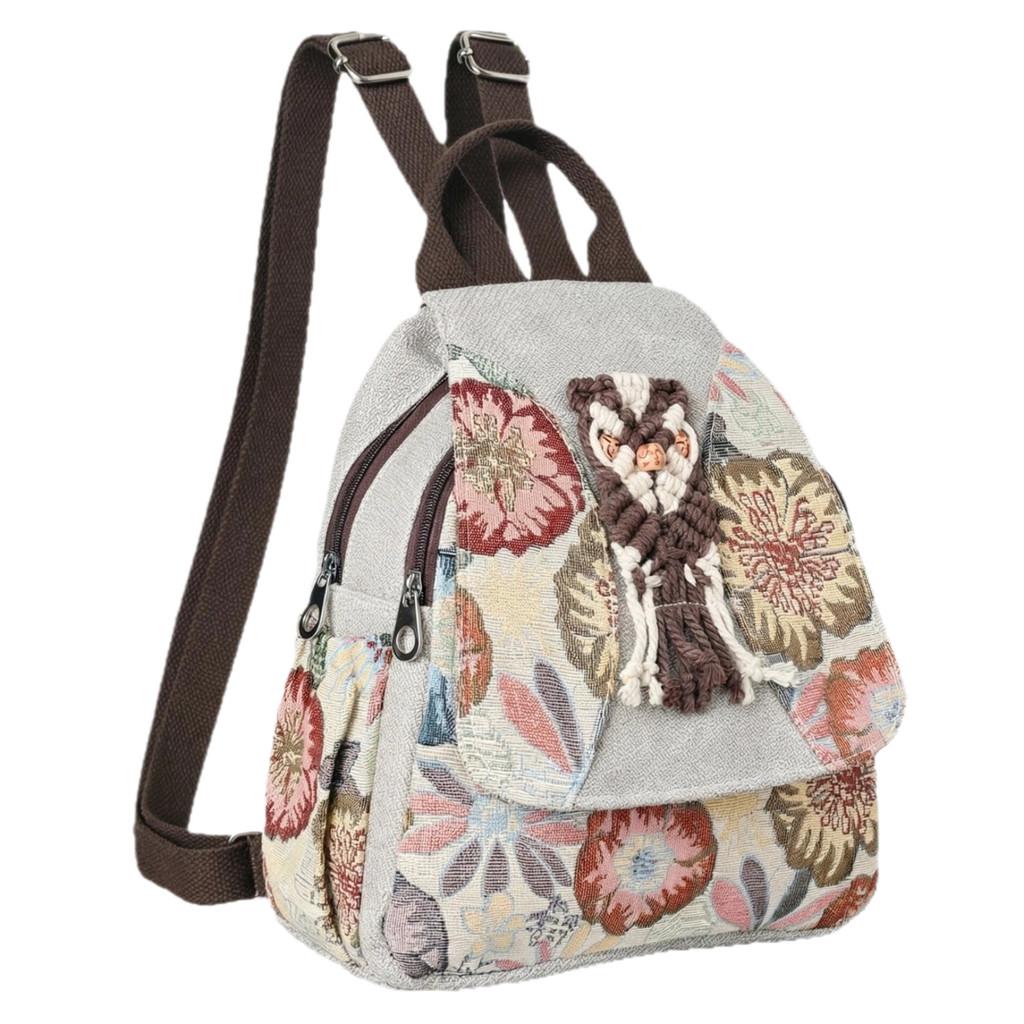 Ethnic Embroidered Backpack For Women With Cotton Linen Material For Travel And Casual Use