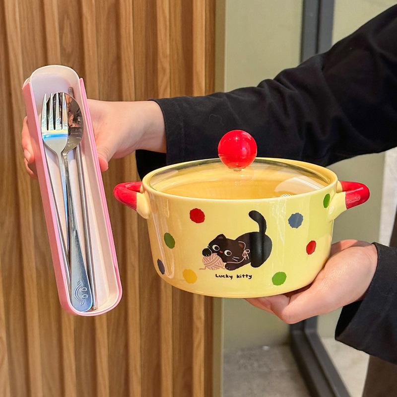 Cute Polka Dot Cat Instant Noodle Bowl Fruit Salad Dessert Bowl Student Dormitory Instant Noodle Bowl Girl Birthday Gift