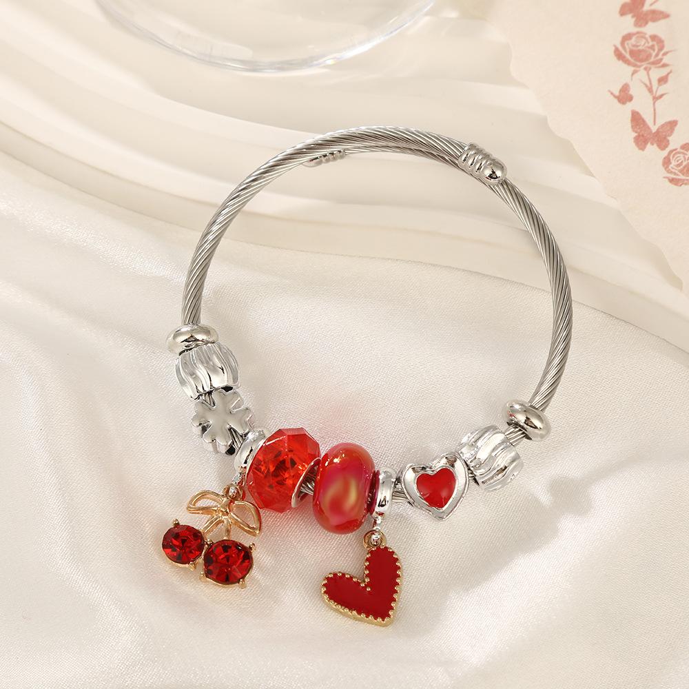 

Sweet Cherry Beaded Bracelet Stainless Steel Bangle Fashion Jewelry Gift for Women Diameter 5.7cm