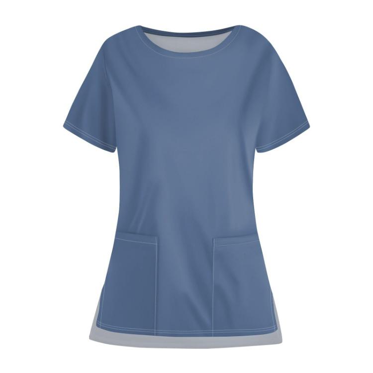 Casual Protective Top Work Uniform Open Hem Pocket Neck Round Solid Color for Women