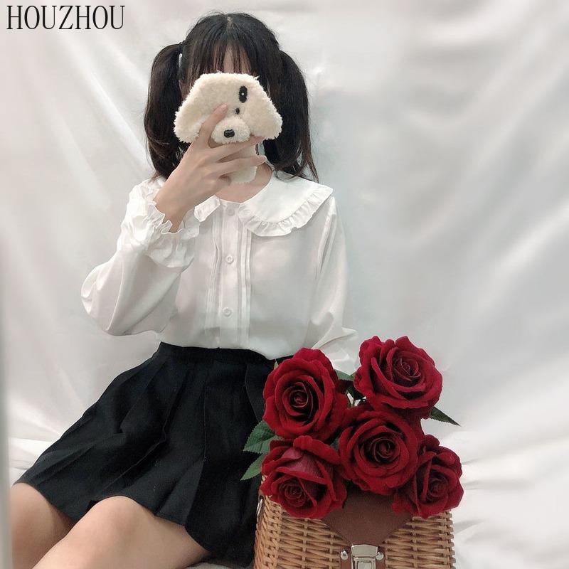 

HOUZHOU милая белая рубашка женская кавайная рубашка с воротником «Питер Пэн» на пуговицах и длинными рукавами милые блузки с рюшами в стиле Лолиты