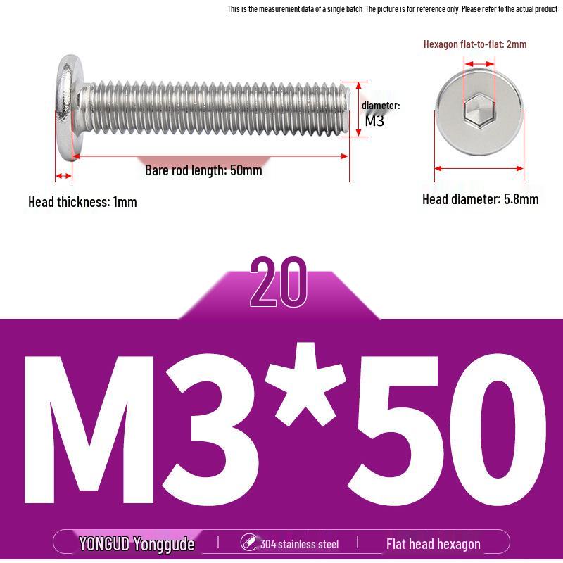 304 Stainless Steel Ultra-Thin Flat Head Hex Socket Bolt, M2-M12