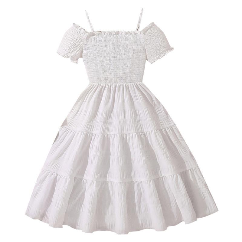 

Girls Smocked Bodice Dress with Puff Sleeves and Tiered Skirt Lightweight Princess Style Summer Dress for Kids Casual Wear 150 белый