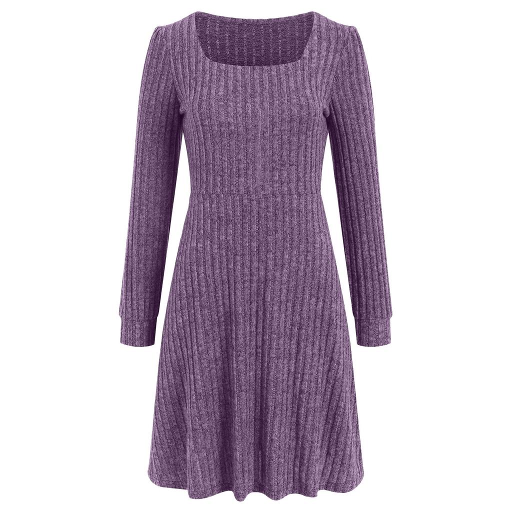 Vestido de Punto de Manga Larga para Mujer con Bolsillos Cuello Cuadrado Vestidos Ajustados Tejido de Color Puro Vestido Elegante para Mujer