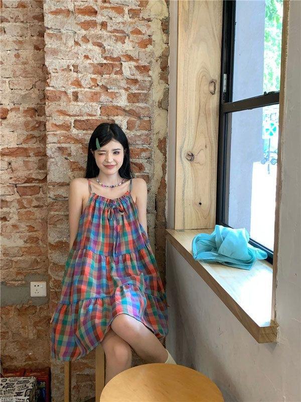 Dopamine wears a plaid suspender dress for women's summer fungus edge splicing A-shaped skirt short skirt
