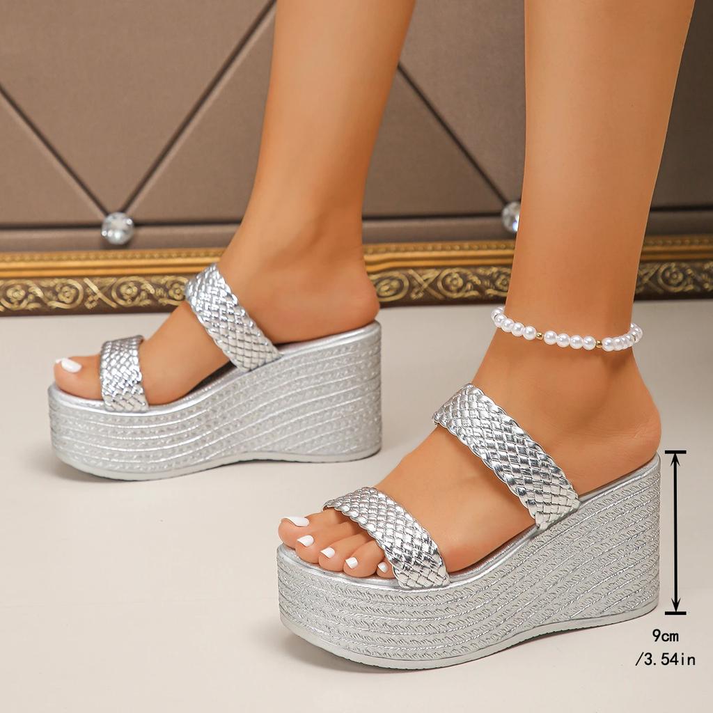 Silver Chunky Platform Sandals for Women 2025 Summer Fashion Braided Strap Wedge Heel Sandals Woman Thick Bottom Beach Slippers