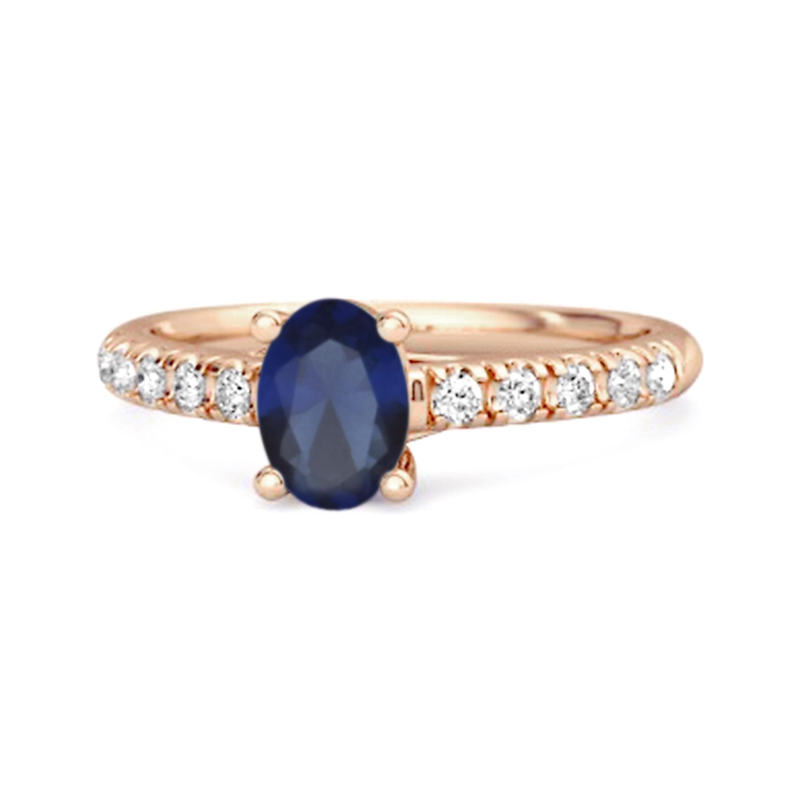 Blue Sapphire Oval Solitaire Accents Ring - 925 Sterling Silver Rose Gold Vermeil 9