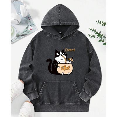 Koty Pijące Zupę Rybną Nadruk Damska Prana Bluza z Kapturem Moda Bawełniane Bluzy Jesień Oversize Streetwear Wielokolorowa Bluza z Kapturem