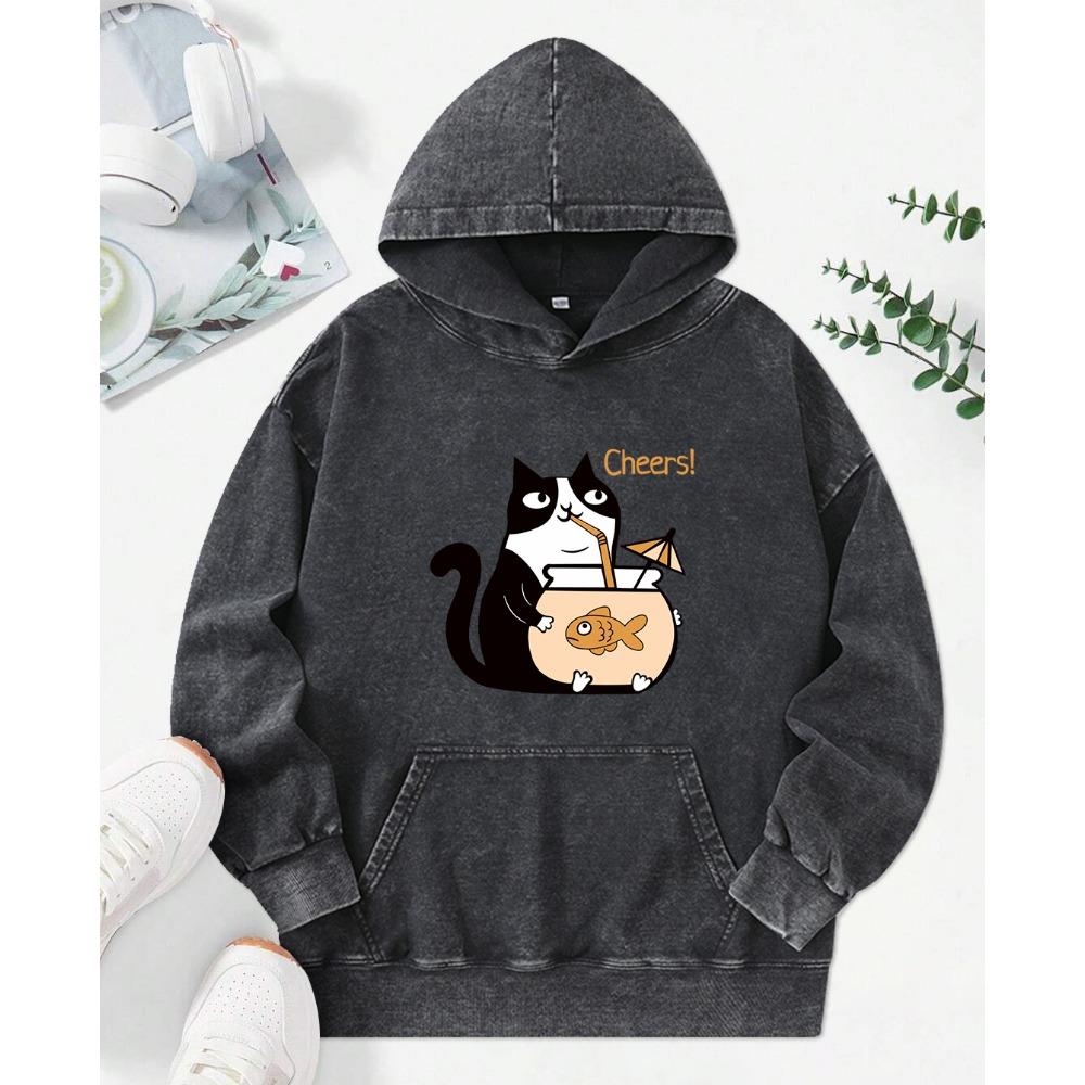 Cats Drinking Fish Soup Print Women Washed Hoody Fashion Cotton Hoodies Autumn Oversized Streetwear Multicolor Hoodie