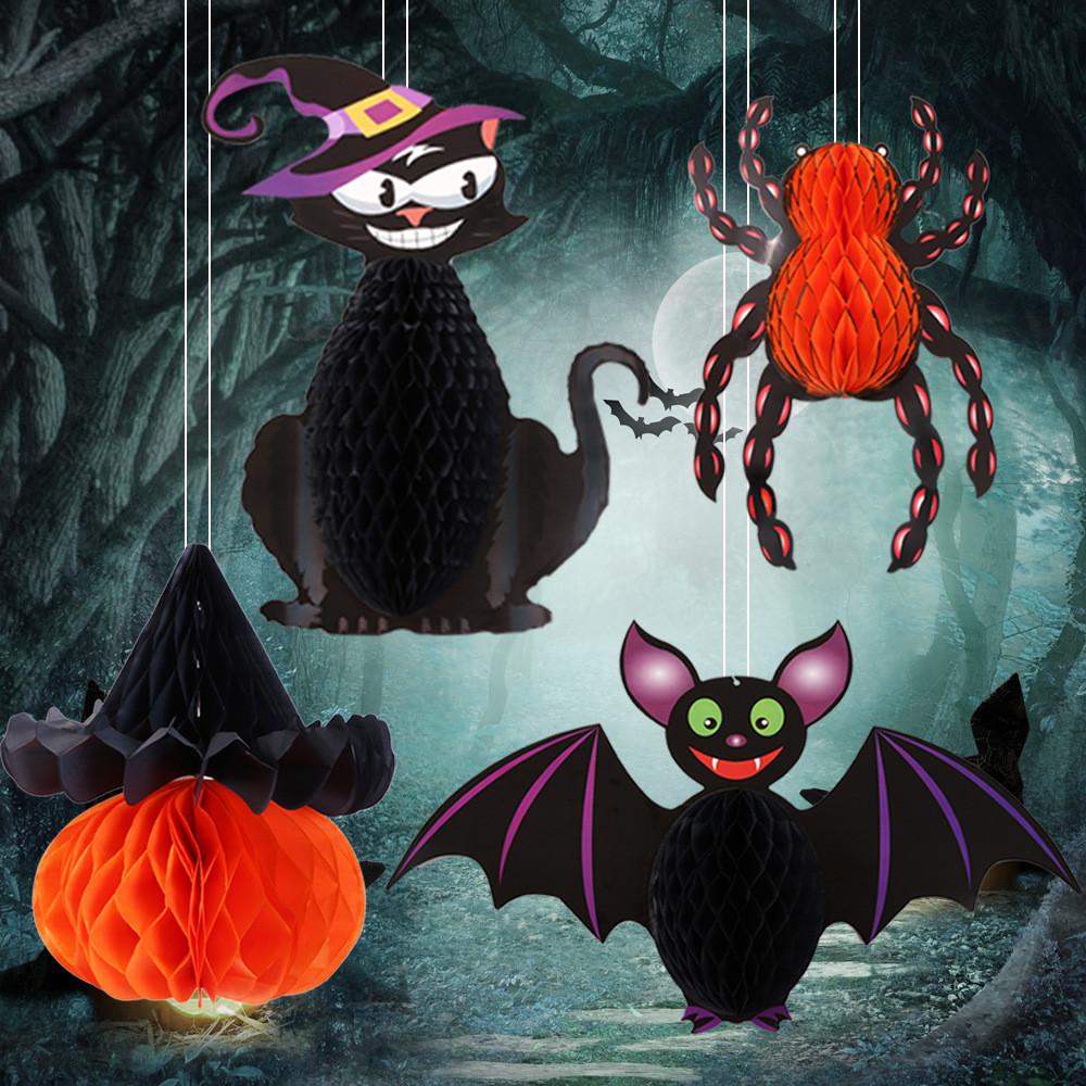 Halloween Honeycomb Festive Bat And Pumpkin Hanging Ornaments For Memorable Decor Party