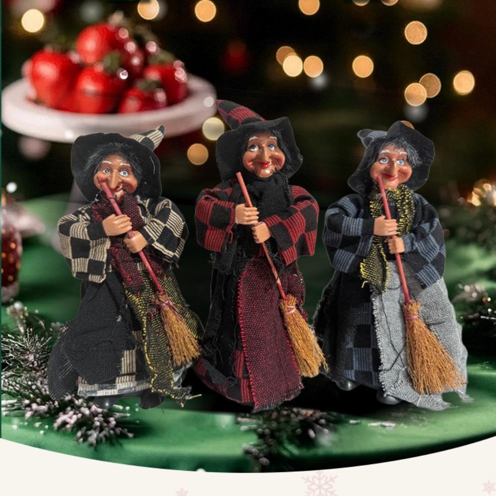Halloween Plaid Apron Witch with Broom Ornament, Cute Ornament, Room Atmosphere Prank Decoration, 3 Pcs