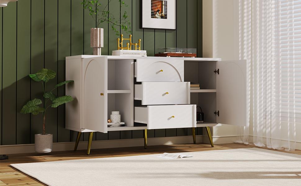 Chest of Drawers with 2 Doors and 3 Drawers, White Chest of Drawers, Adjustable Shelf, for Living Room Bedroom, Cream-White-H84/W140/D40 cm