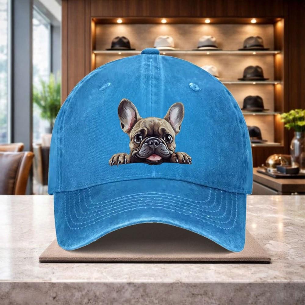 French Bulldog Print Baseball Cap Washed Denim Adjustable Casual Outdoor Trendy Hat
