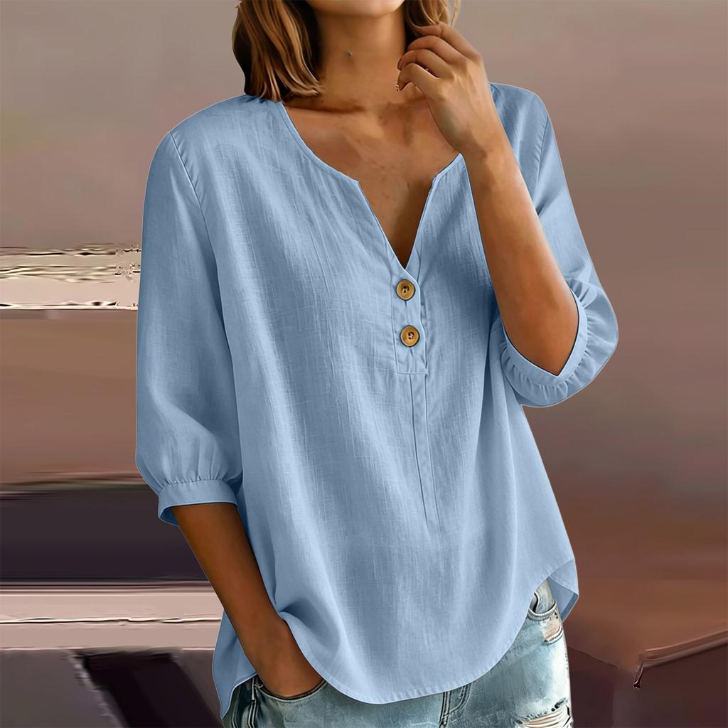 Women's Casual Linen Blend Henley Button Neck Shirt Three Quarter Sleeve Lightweight Loose Fit Top for Everyday Wear