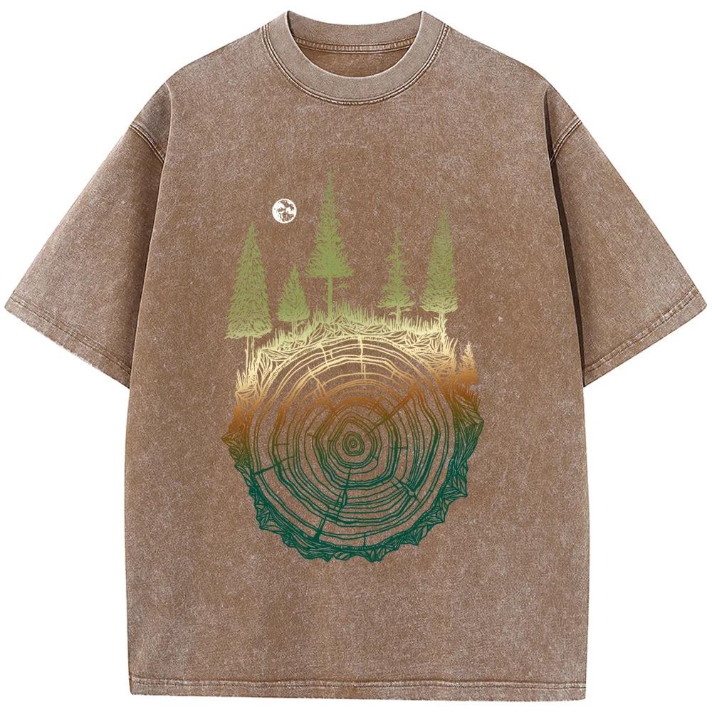 Colorful Tree Ring Men Washed T-Shirt Cotton Loose Casual Bleached Tshirt Novelty Fashion Bleach T Shirt Tops Tee