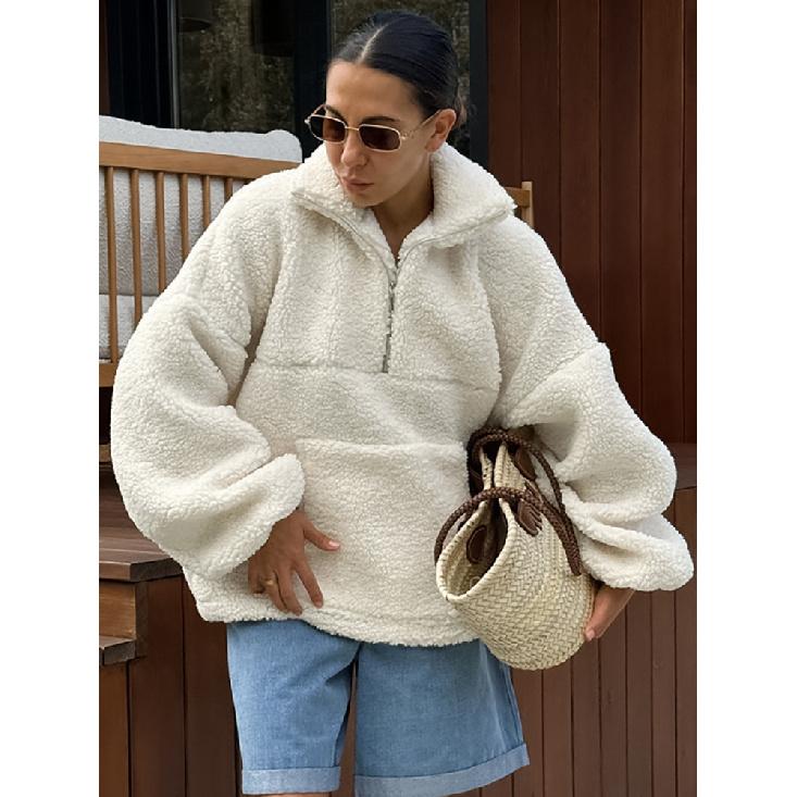 Feminino Inverno Quente Lã Pelúcia Moda Casual Manga Comprida Bolso Cordão Meio Zíper Grosso Pulôver Moletom