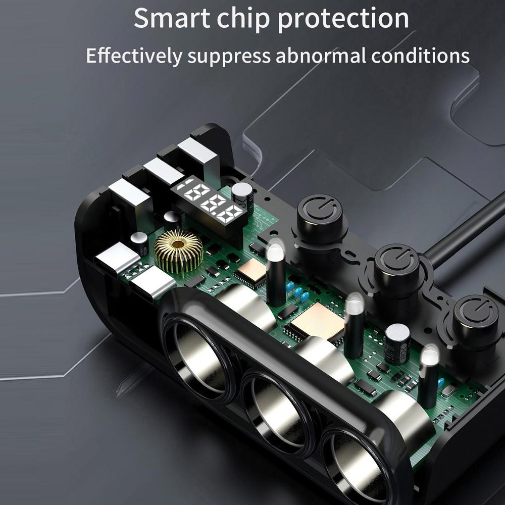 Car Chargers 120W Quick Charging Adapter 3 Socket Power Splitter 12 24V with 3 USB Ports+2 Type C Ports Volatge Display