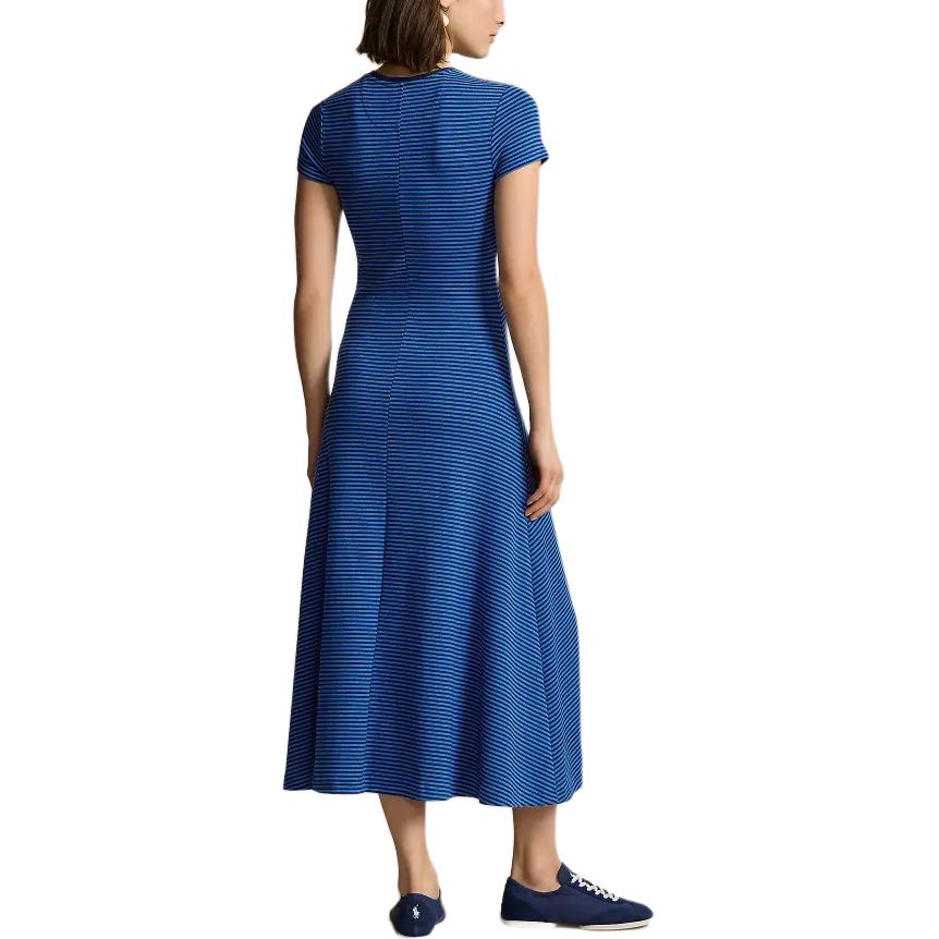 Polo Ralph Lauren Striped Round Neck Waist Cinched Mid-Length Short Sleeve Dress Women Dresses Dark-Blue WMPODRSNFA20664-400